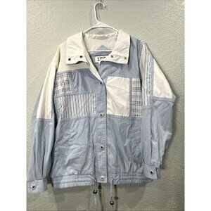 IZZI Vtg Colorblock Patchwork Bomber Jacket Blue‎ White Plaid Sporty Casual Sz L